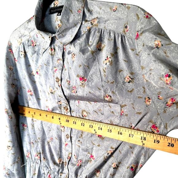 Vintage 1970s Lady Manhattan 8 Long Sleeve SILK Secretary Dress Floral Gray Pink - Picture 4 of 6